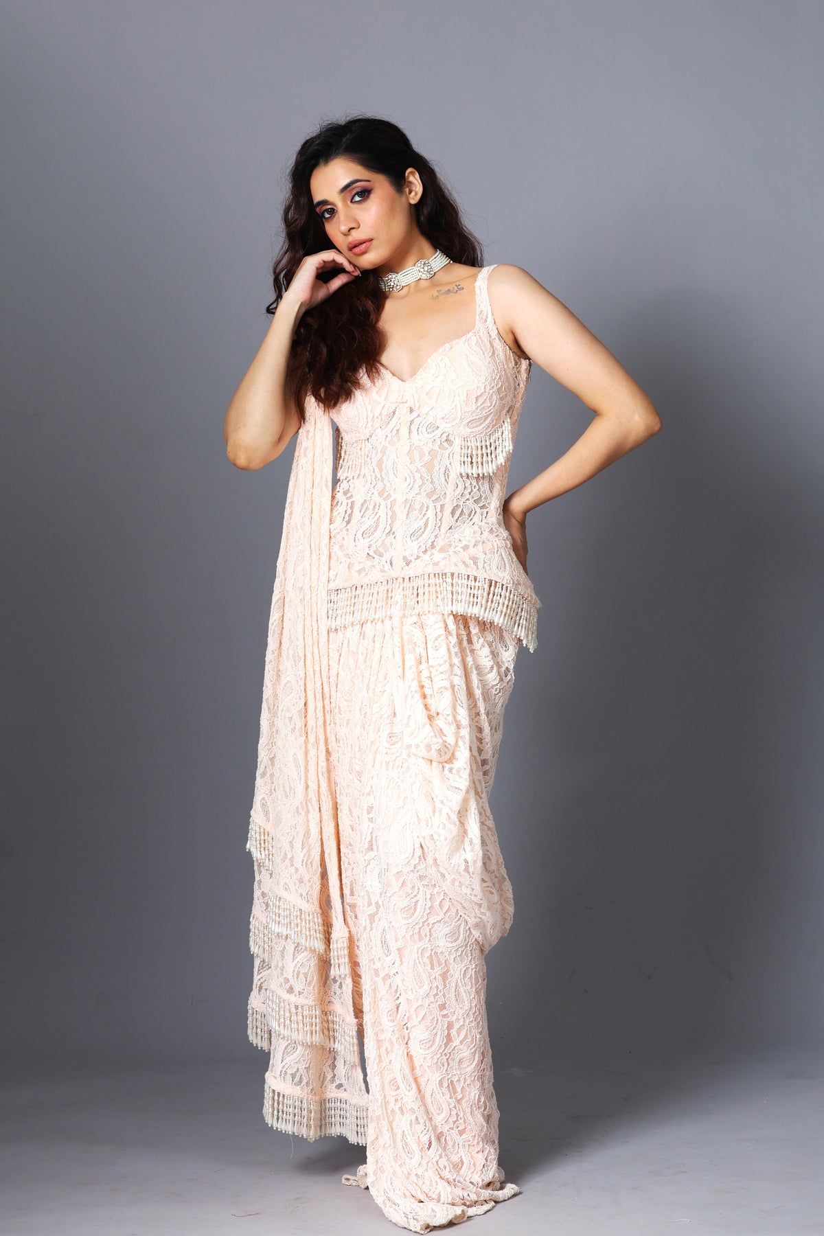 Blush Lace Peplum Corset Saree