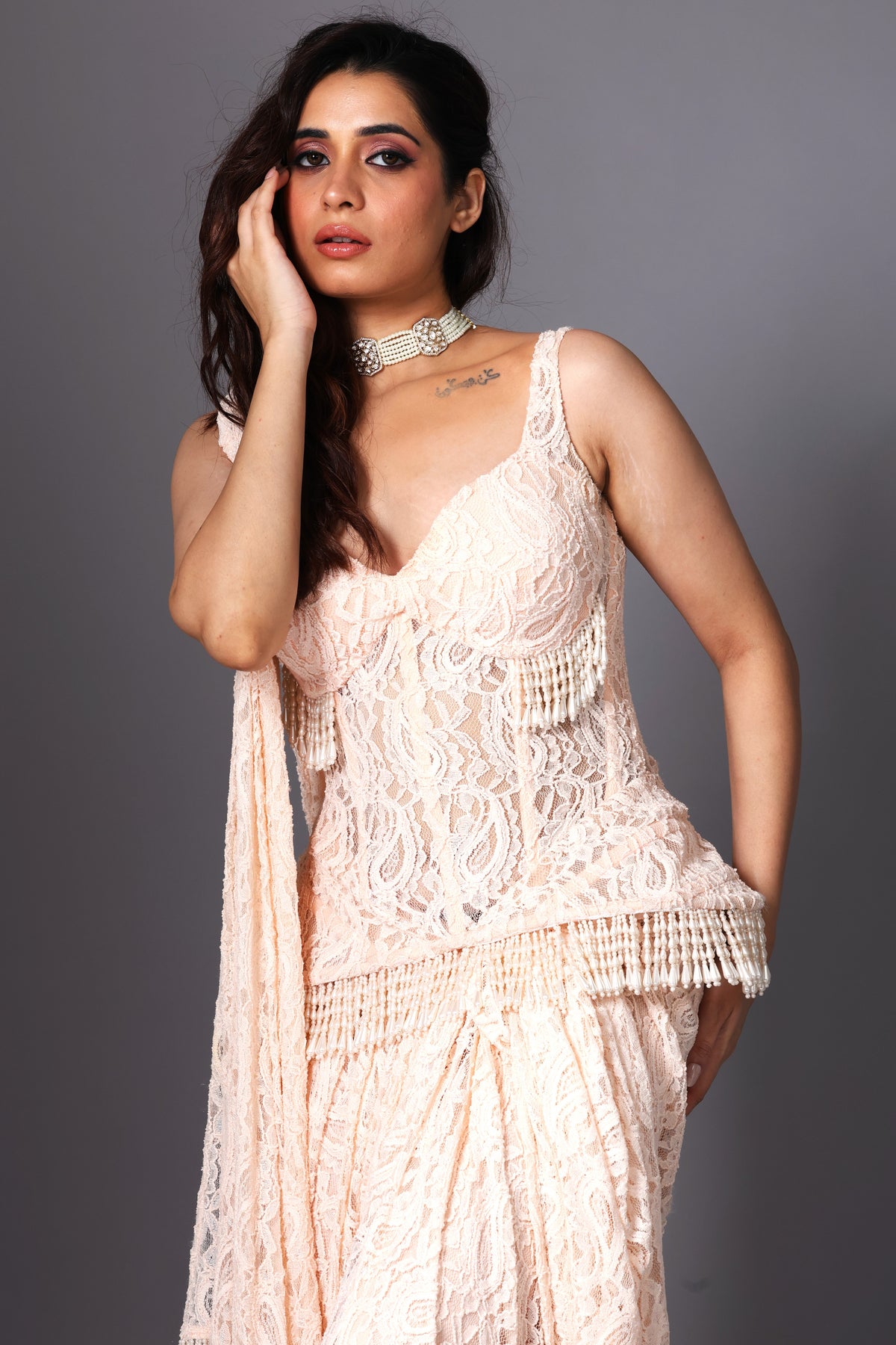 Blush Lace Peplum Corset Saree
