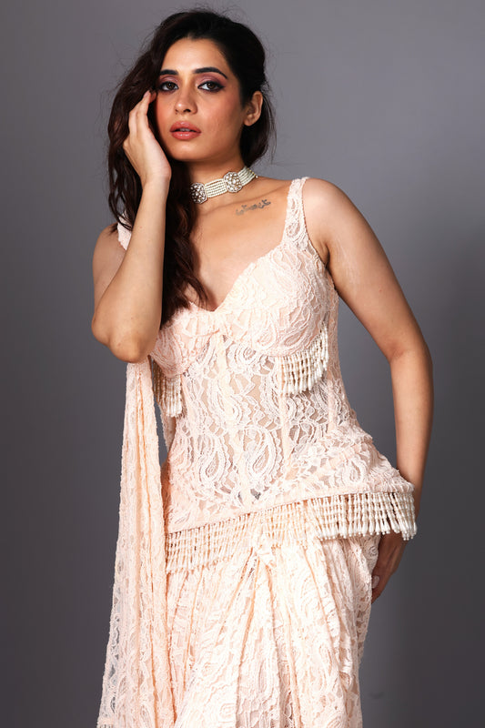 Blush Lace Peplum Corset Saree