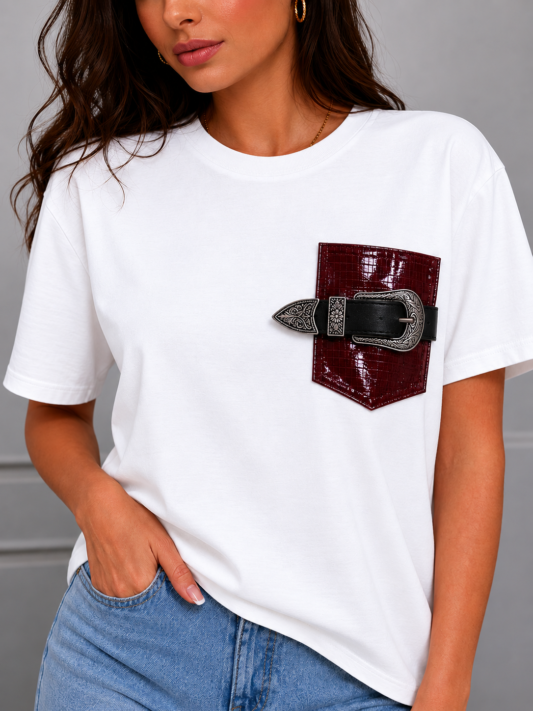 Eve T-shirt with Leather Pocket (White)