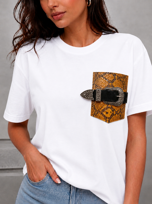 Eve T-shirt with Leather Pocket (White)