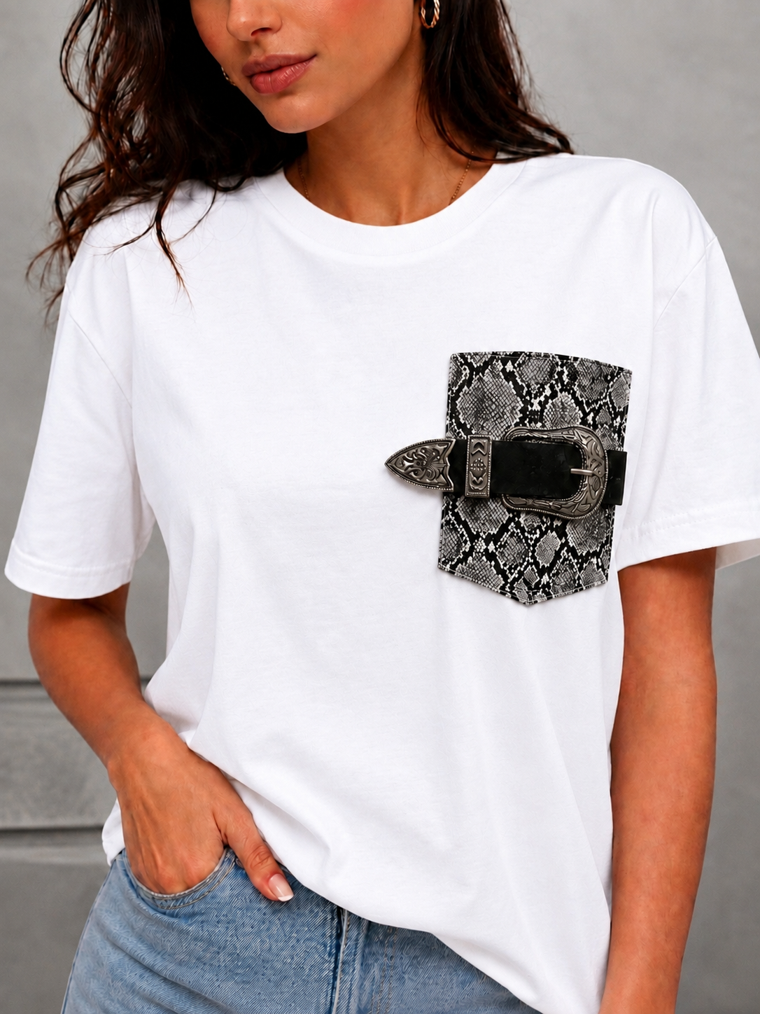 Eve T-shirt with Leather Pocket (White)
