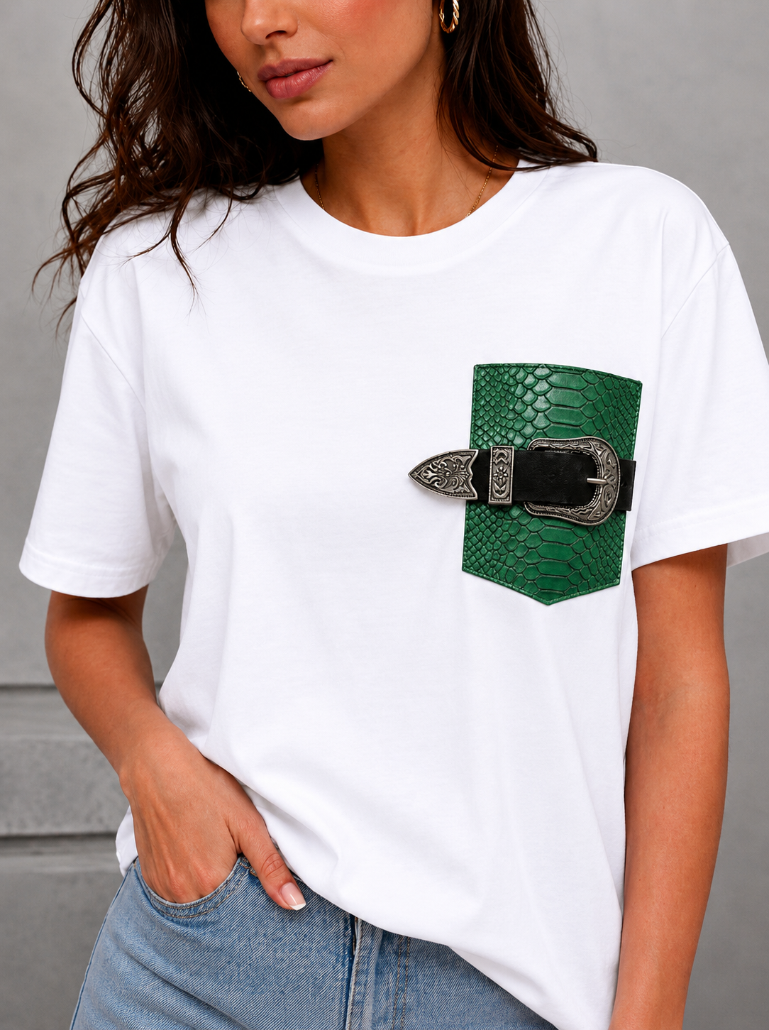 Eve T-shirt with Leather Pocket (White)