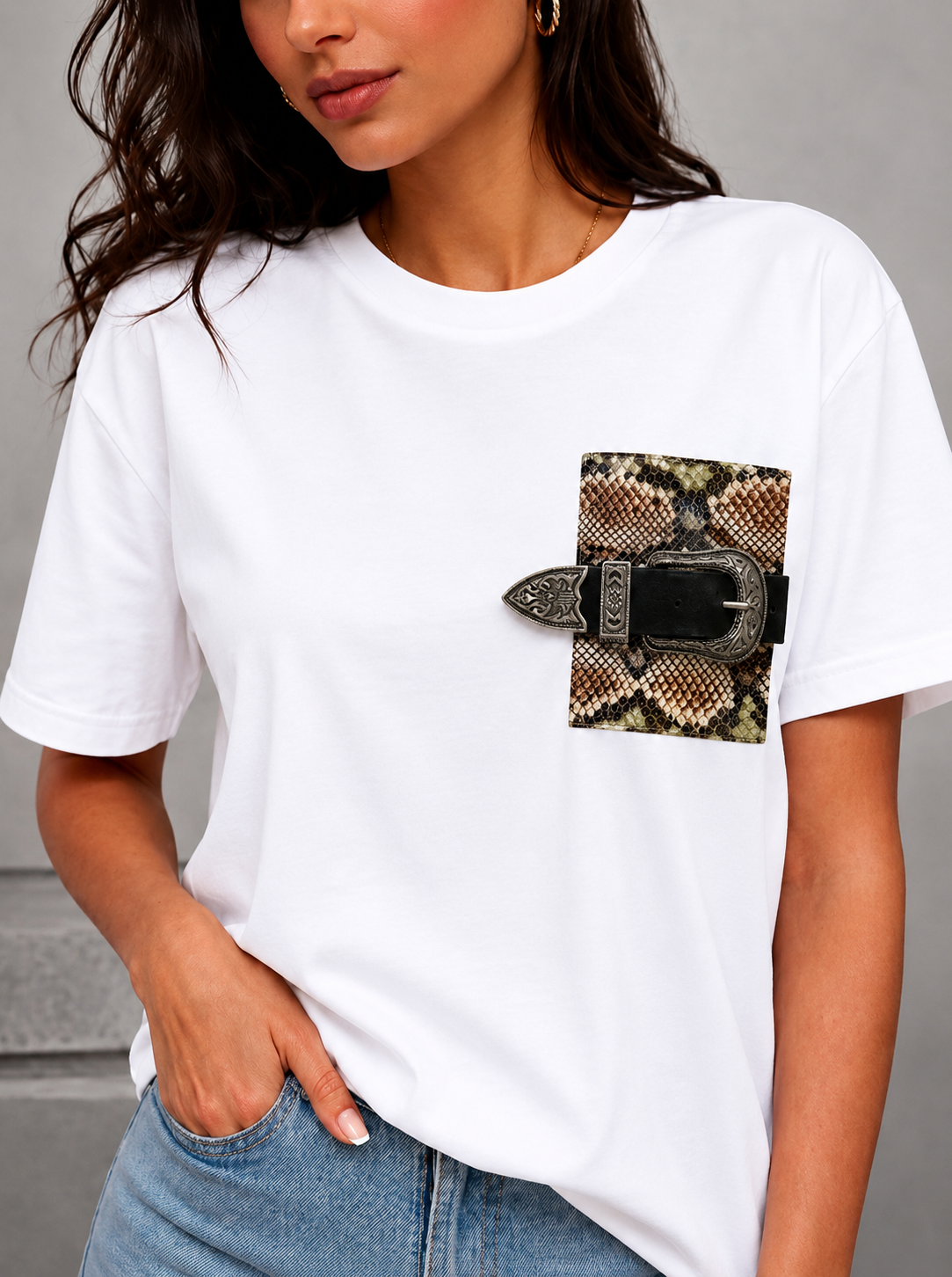 Eve T-shirt with Leather Pocket (White)