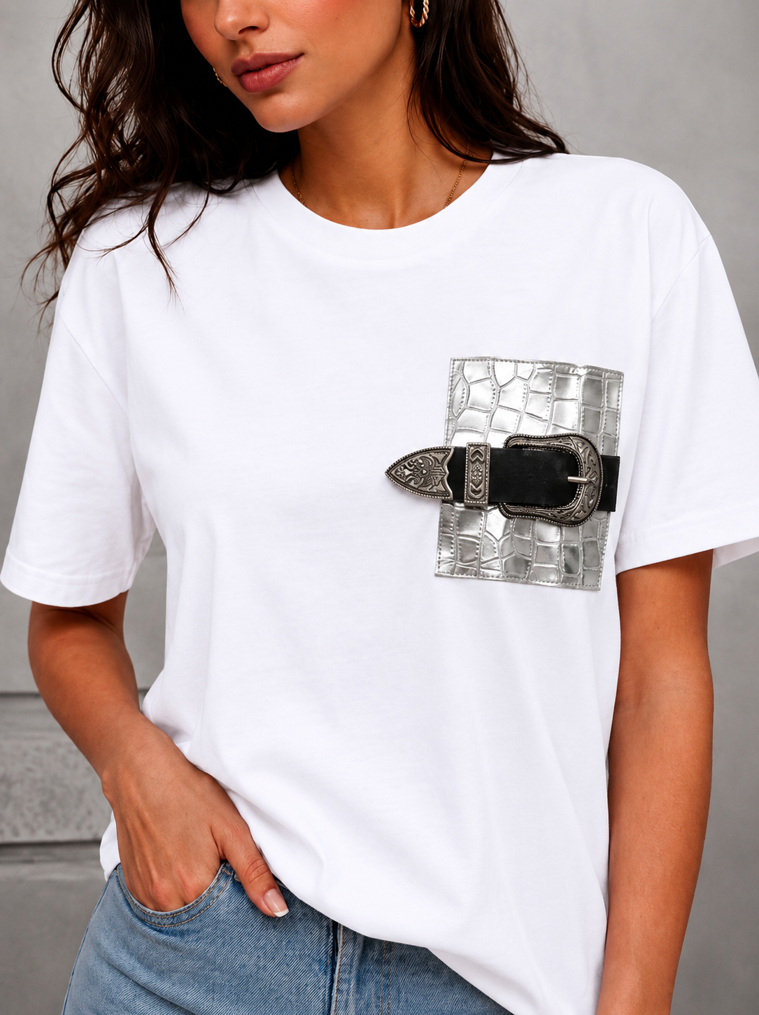 Eve T-shirt with Leather Pocket (White)