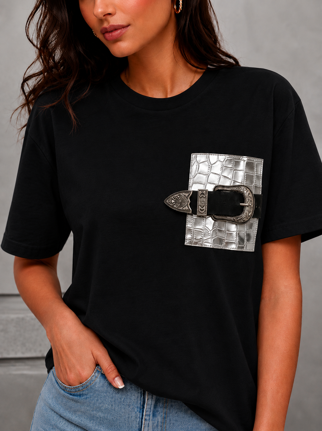 Eve T-shirt with Leather Pocket (Black)