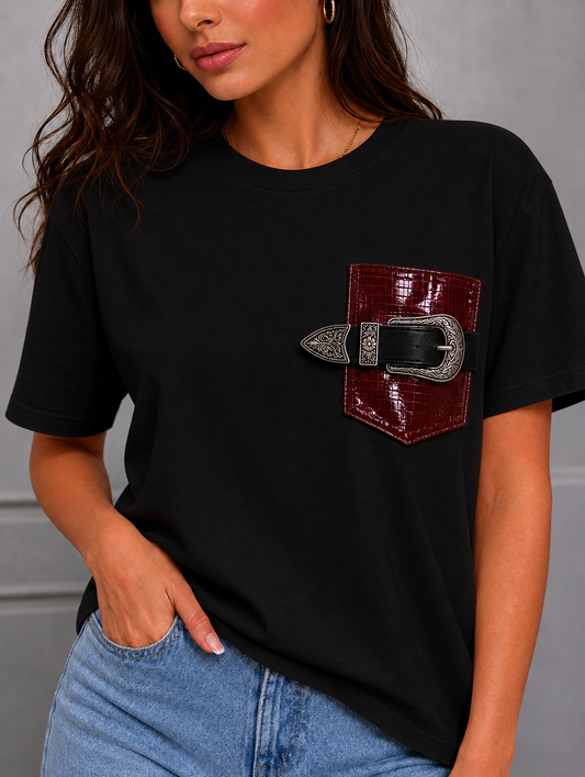 Eve T-shirt with Leather Pocket (Black)