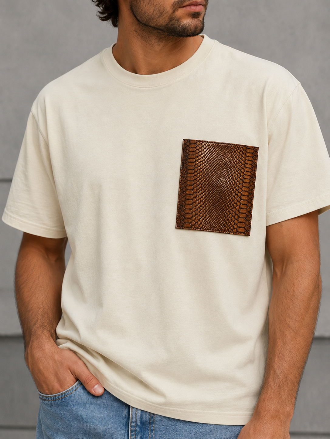 Adam T-shirt with Leather Pocket (Off White)