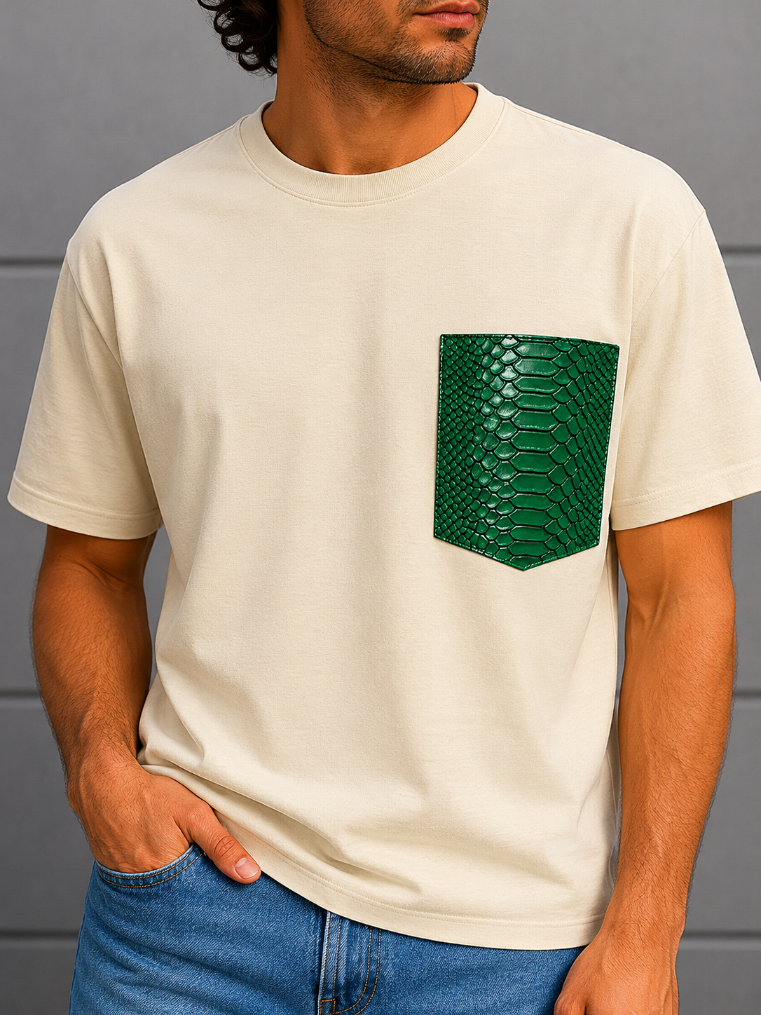 Adam T-shirt with Leather Pocket (Off White)