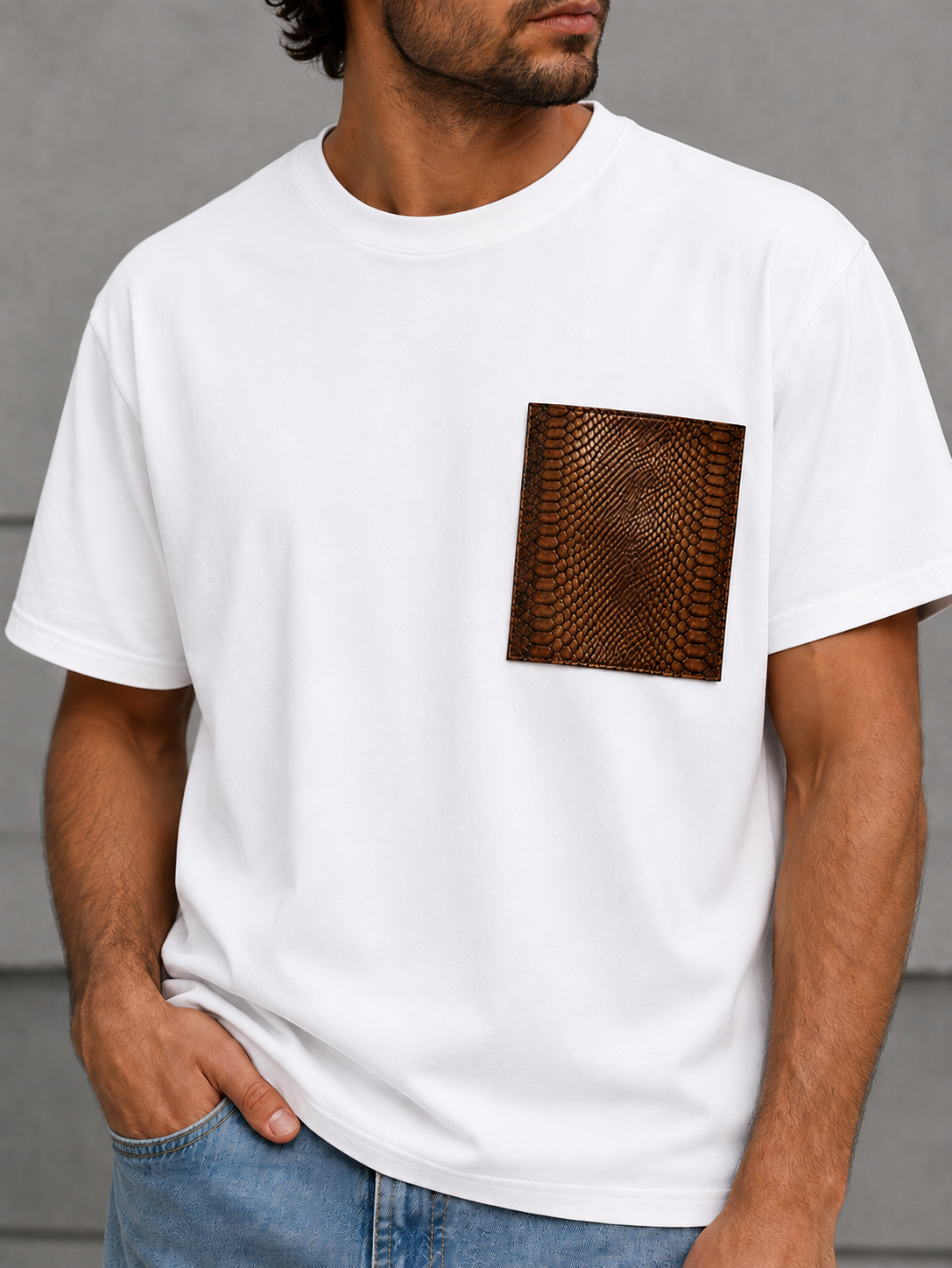 Adam T-shirt with Leather Pocket (White)