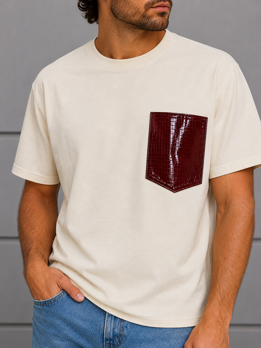 Adam T-shirt with Leather Pocket (Off White)