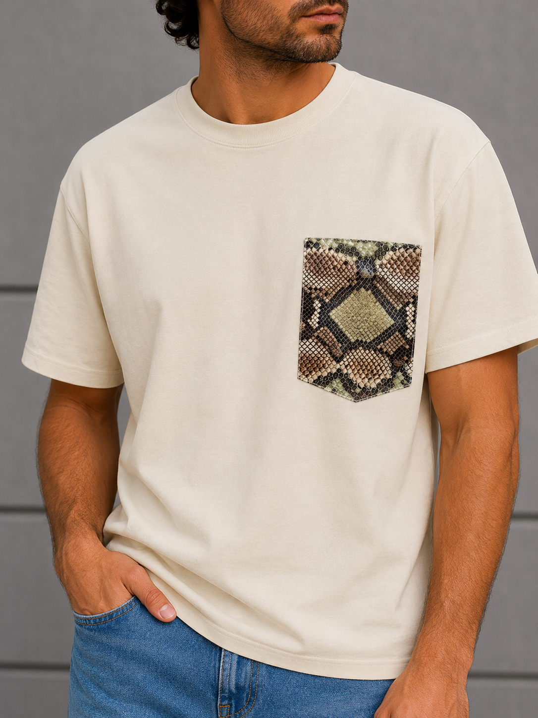 Adam T-shirt with Leather Pocket (Off White)
