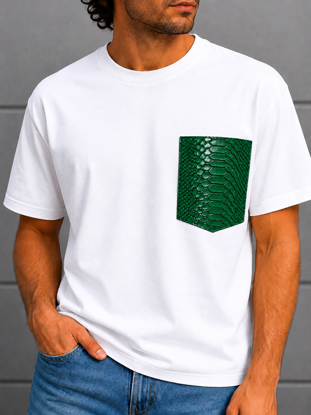 Adam T-shirt with Leather Pocket (White)