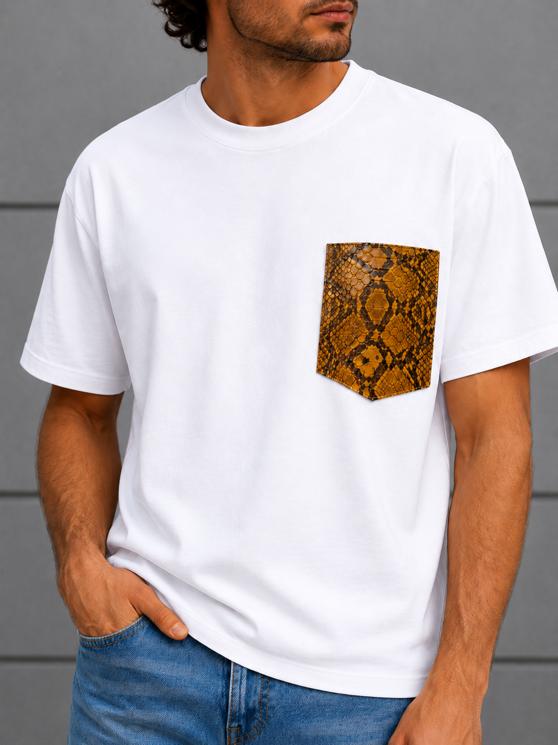 Adam T-shirt with Leather Pocket (White)