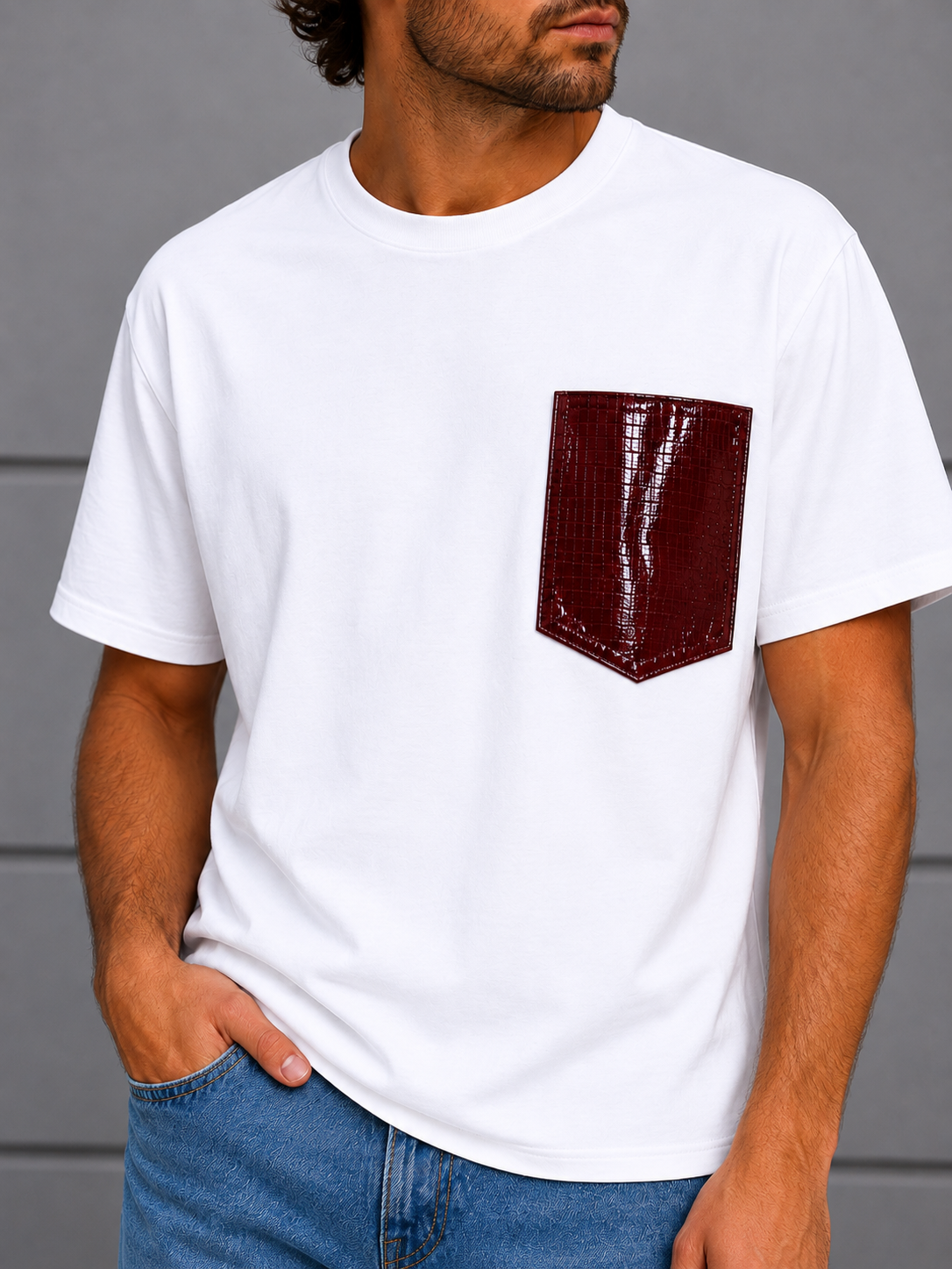 Adam T-shirt with Leather Pocket (White)