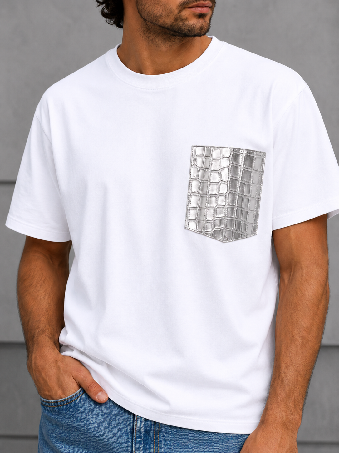 Adam T-shirt with Leather Pocket (White)