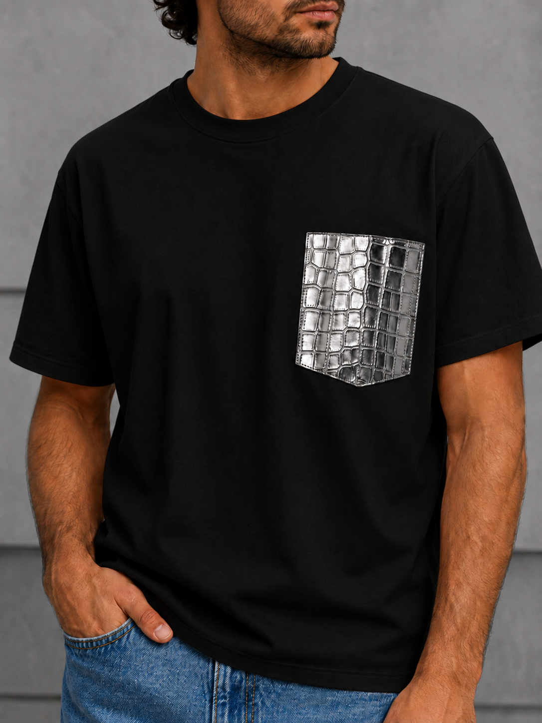 Adam T-shirt with Leather Pocket (Black)