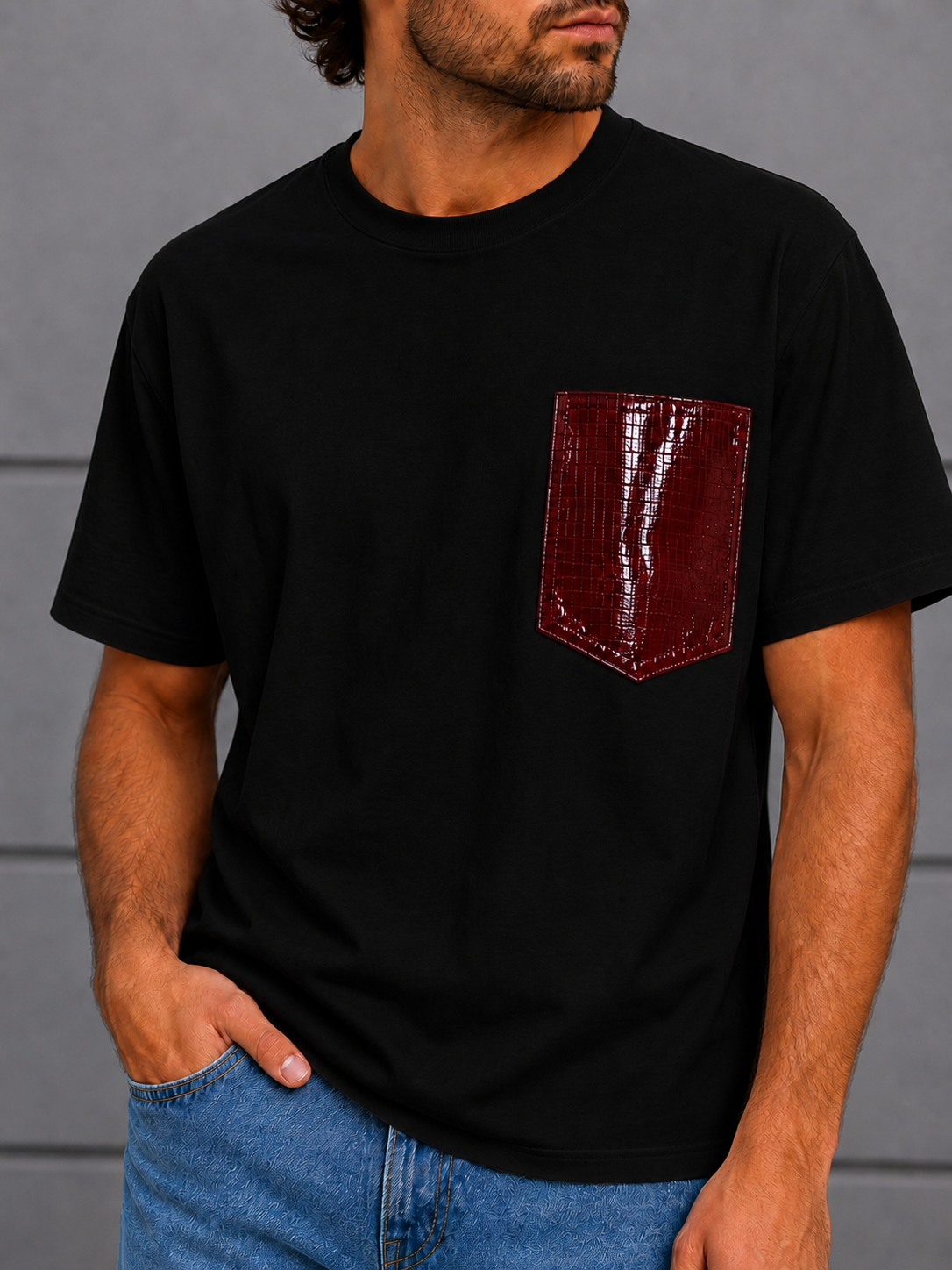 Adam T-shirt with Leather Pocket (Black)