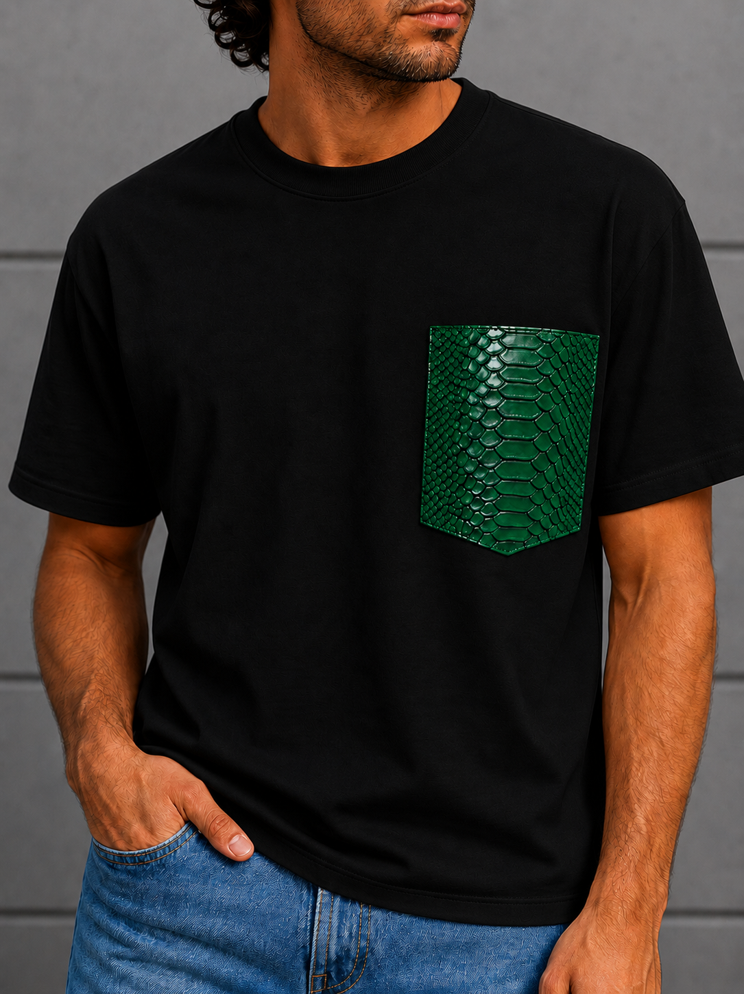 Adam T-shirt with Leather Pocket (Black)