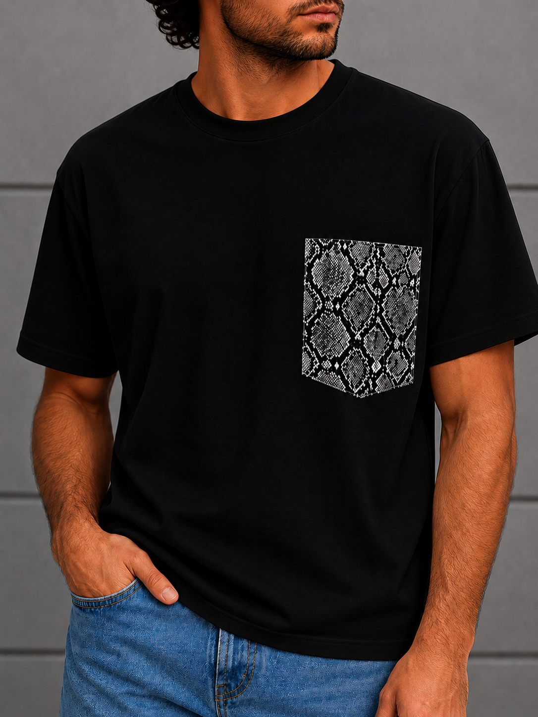 Adam T-shirt with Leather Pocket (Black)