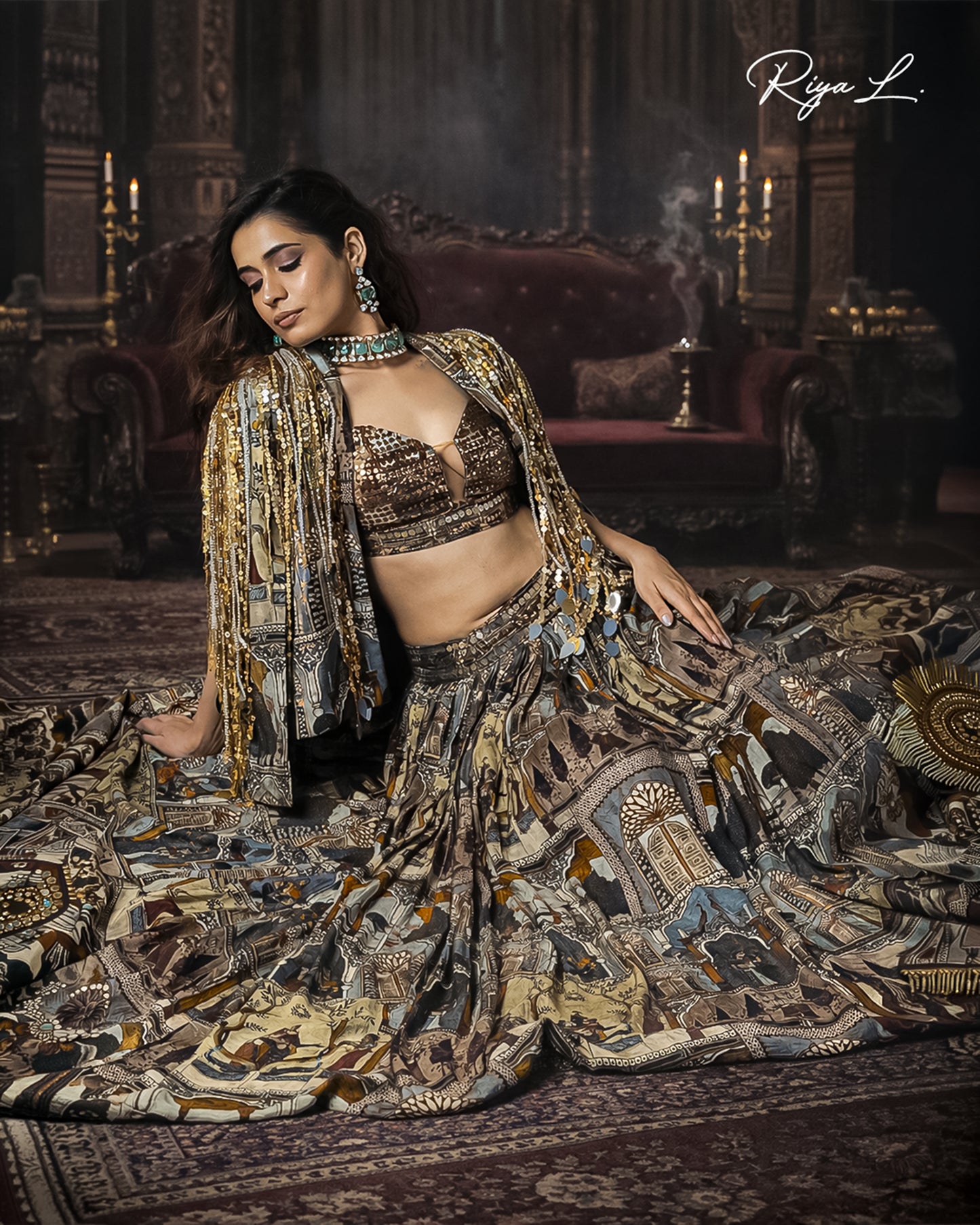 Mughal Print Tassel Jacket and Lehenga set