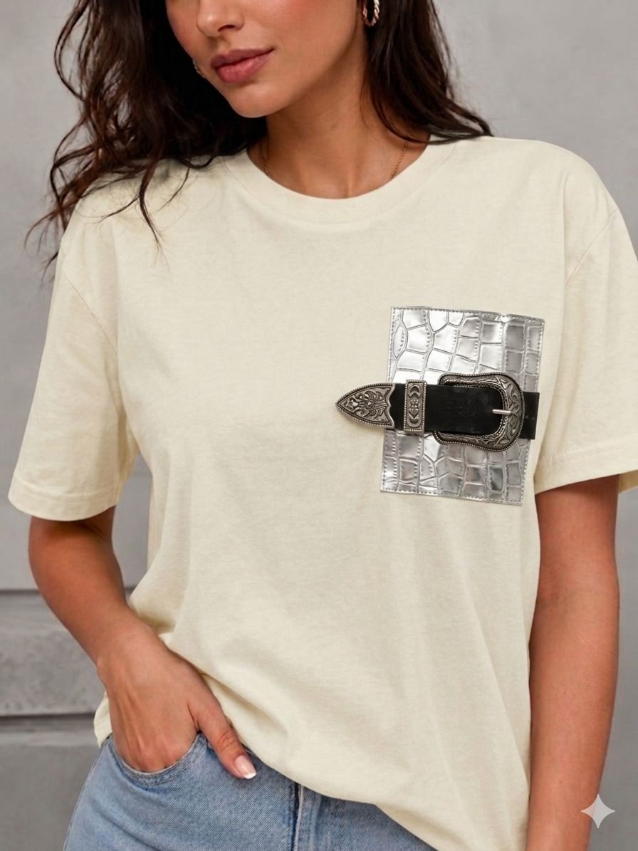 Eve T-shirt with Leather Pocket (Off-white)