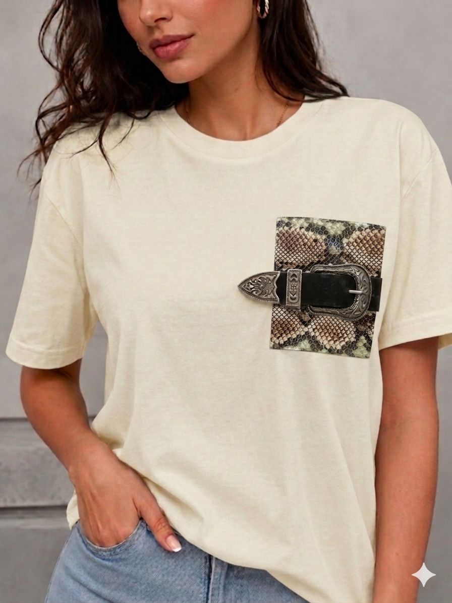 Eve T-shirt with Leather Pocket (Off-white)