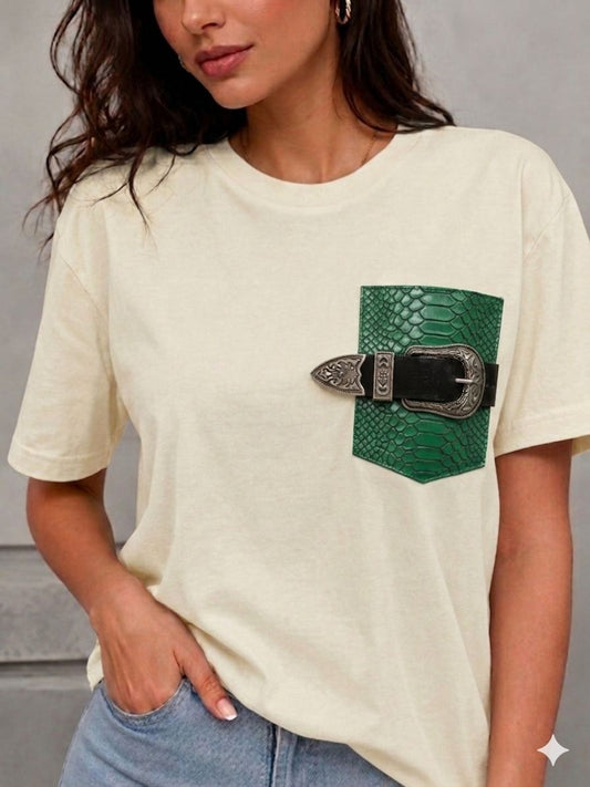 Eve T-shirt with Leather Pocket (Off-white)